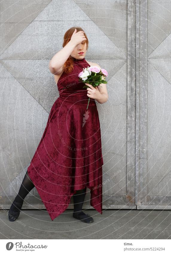 Dancer with fan in front of a factory gate Feminine Stage Stage play Wall (building) door Movement Long-haired Red-haired Dress Elegant Force Passion pretty