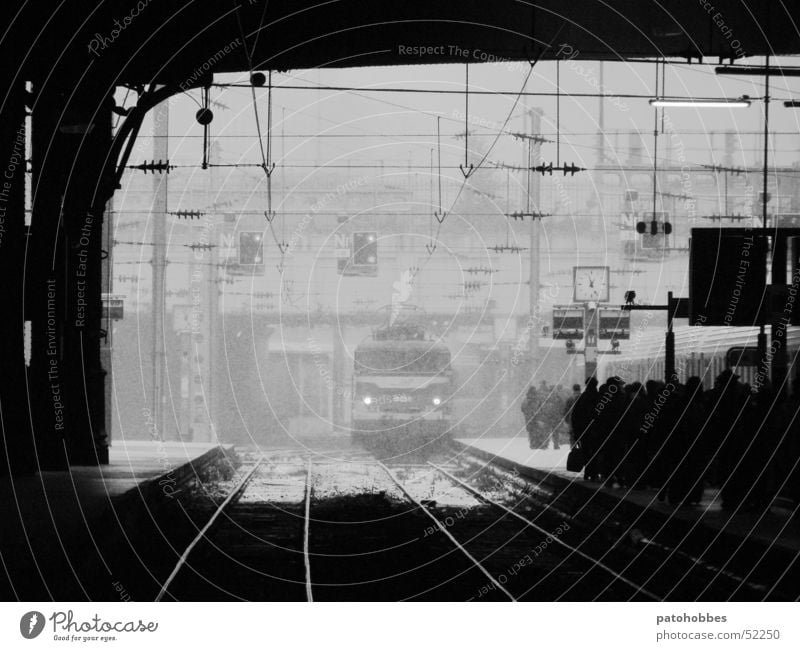 Gare St-Lazare Dark Cold Paris Transport Commuter Railroad Highway ramp (entrance) Approach of the train Come Arrival Vehicle Railroad tracks Glittering