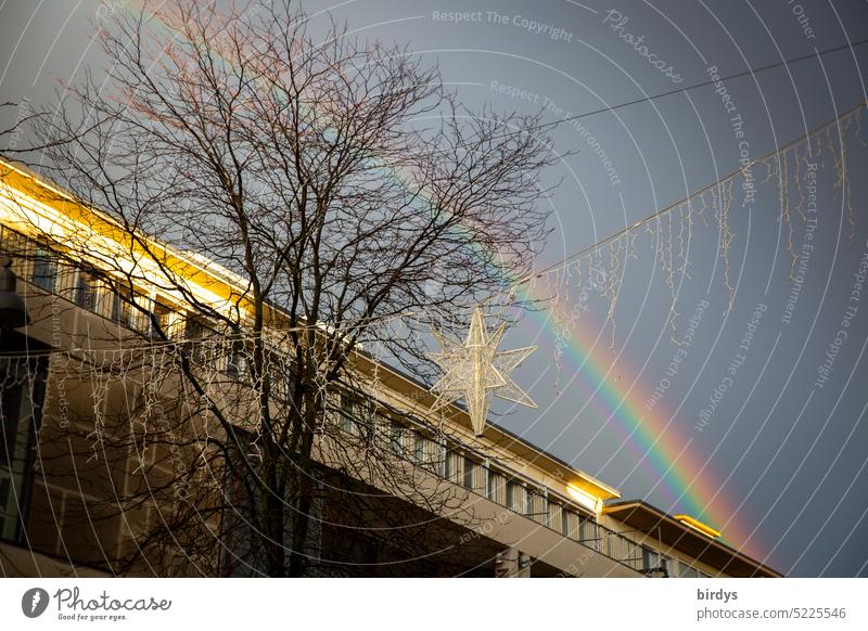 Rainbow over Christmas lights in the city Christmas lighting stormy atmosphere urban Decoration Weather phenomenon Christmas & Advent Christmassy