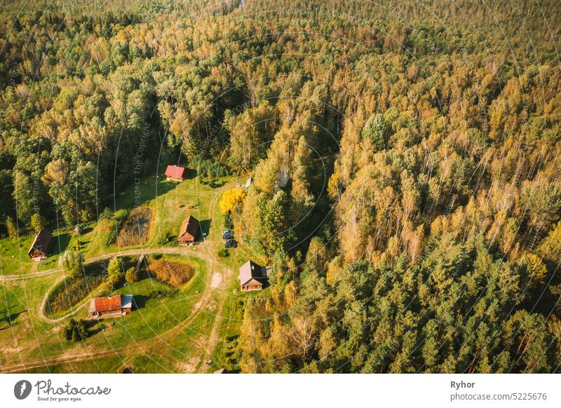 Belarus, Berezinsky Biosphere Reserve. Bird's-eye View Of Nivki Tourist Complex In Autumn Sunny Day. Panorama europe belarus tourism travel landmark landscape