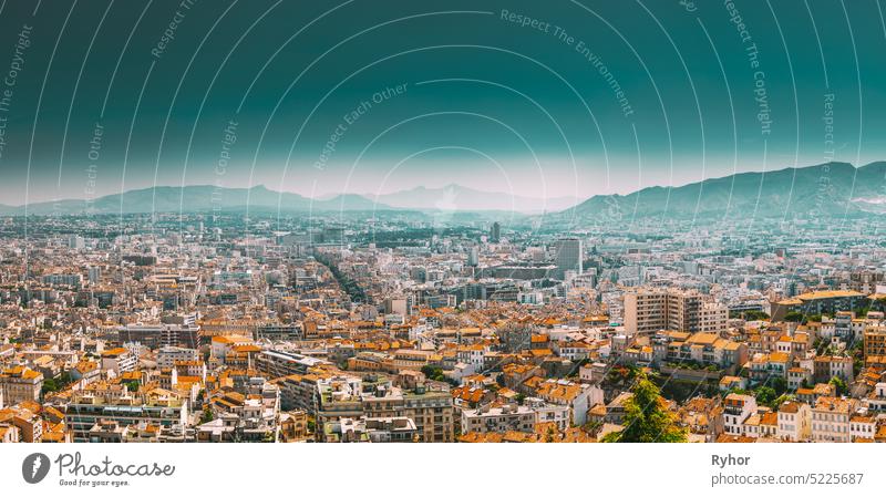 Urban panorama, aerial view, cityscape of Marseille, France. Sunny summer day with bright blue sky Marseilles architecture beautiful building europe france