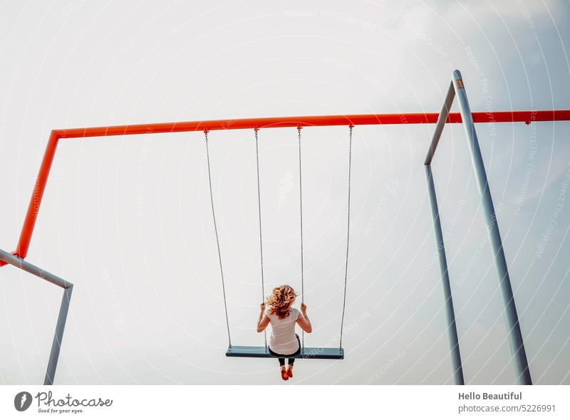 Woman swaying towards sky To swing Swing Barefoot Sky Playground Leisure and hobbies Joy Colour photo Joie de vivre (Vitality) Happiness Summer Child fun Happy