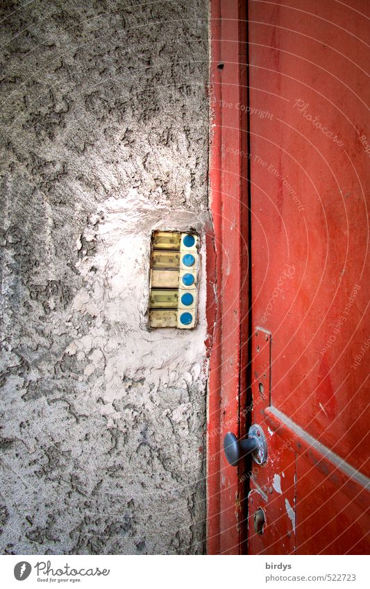 ringing Door Name plate Bell Entrance Old Hideous Original Gray Red Bizarre Nostalgia Town Derelict Doorknob Colour photo Exterior shot Deserted Copy Space top