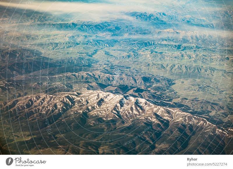 Aerial View Of Mountains Of Turkey Ordu Region From Window Of Plane tourism travel Birds-eye View aerial aerial view air aircraft airliner airplane europe