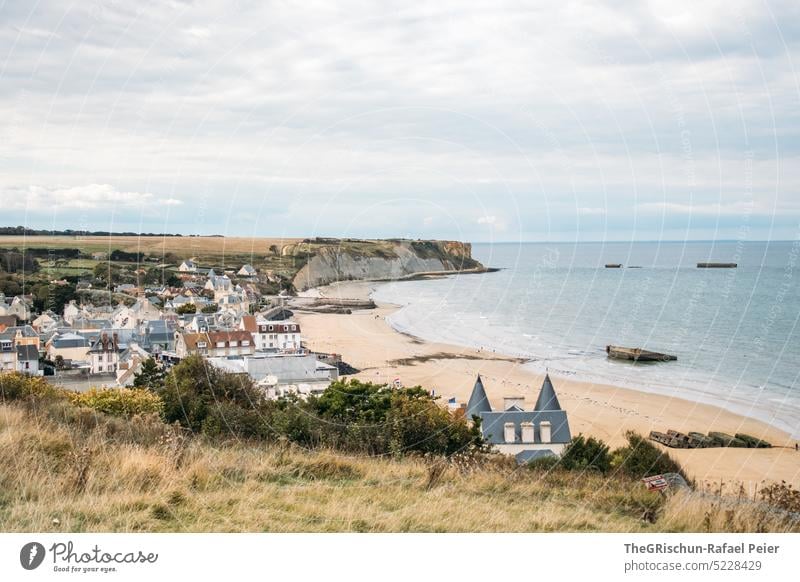 omaha beach from above - D-Day landing Normandie Omaha Beach houses Sandy beach steeped in history War Groundbreaking France Ocean Landscape Sky coast Cliff