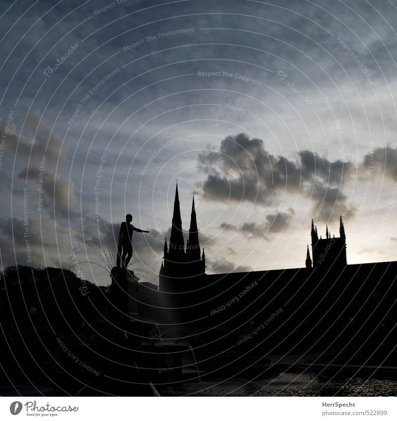 Archibald fountain & St Mary Sky Clouds Sydney Australia Town Old town Dome Roof Tourist Attraction Esthetic Beautiful Blue Gray Black Twilight Dusk