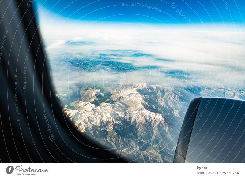 Aerial View Of Mountains Of Turkey Ordu Region From Window Of Plane tourism travel Birds-eye View aerial aerial view air aircraft airliner airplane asia blue