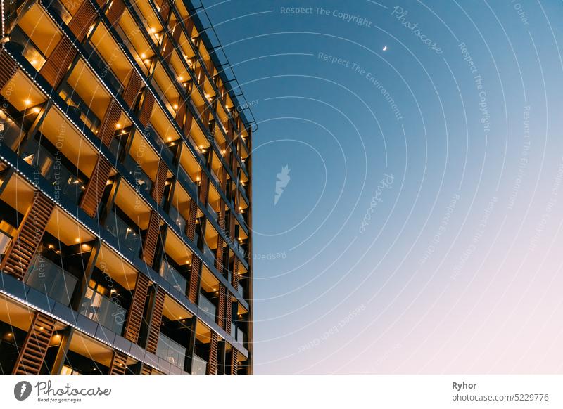 Rising moon above Hotel In Evening Night. Urban Architecture Of UAE Resort Town Of Ajman travel landmark building hotel Emirates United Arab Emirates