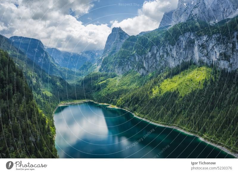 Aerial view of Gosau lake and Dachstein summit mountain range and visible glacier ice during summertime, Upper-Austria, Europe dachstein landscape austria