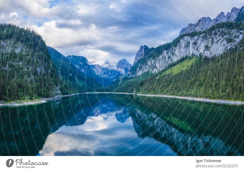 Aerial view of Gosau lake and Dachstein summit mountain range and visible glacier ice during summertime, Upper-Austria, Europe dachstein landscape austria