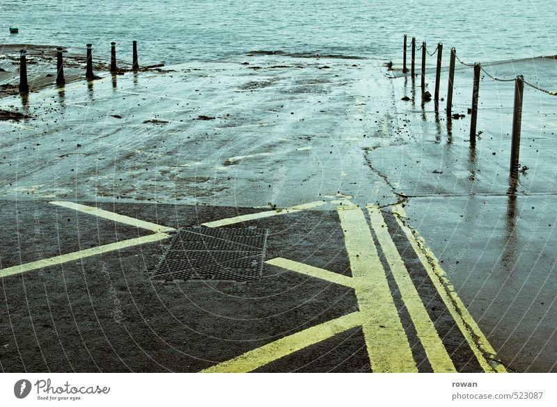 Wet Coast Lakeside River bank Street Cold Ramp Deluge Jetty Signs and labeling Water Colour photo Subdued colour Exterior shot Deserted Copy Space middle