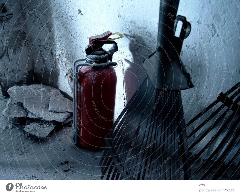 The last corner Extinguisher Red Plaster Rake Grunge Industry Corner Dirty Shadow Garden