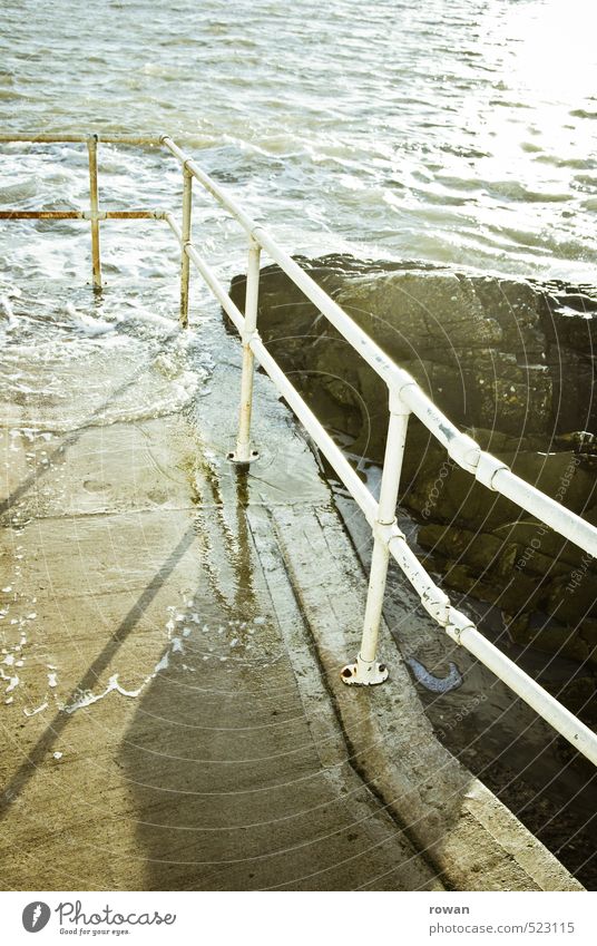 rail Waves Coast Lakeside Ocean Wet Handrail Concrete slab Inundated Sunbeam Swimming & Bathing Footbridge Colour photo Exterior shot Deserted Copy Space top