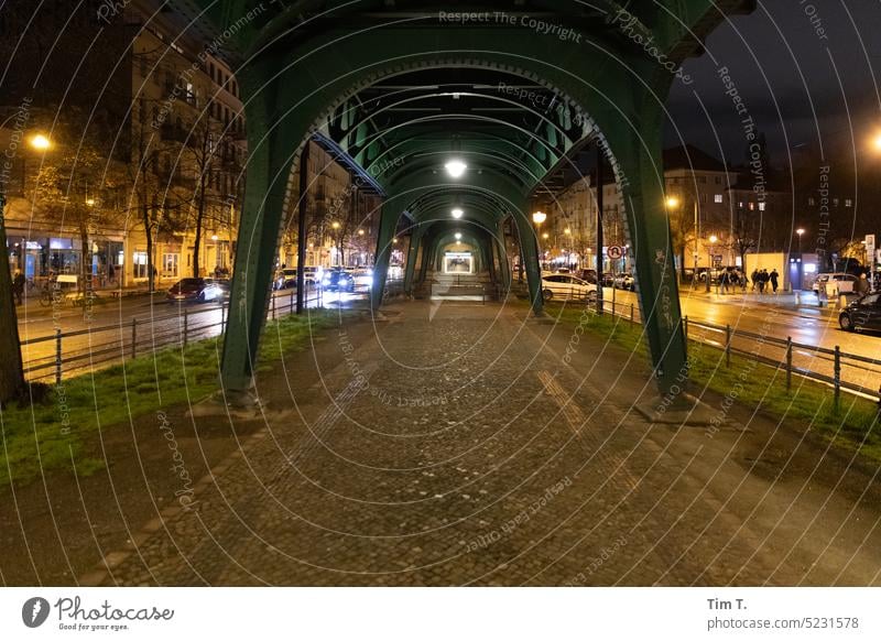 Footpath under the elevated railroad Schönhauser Allee Prenzlauer Berg Night Spring Mono rail Colour photo viaduct Berlin Downtown Capital city Exterior shot