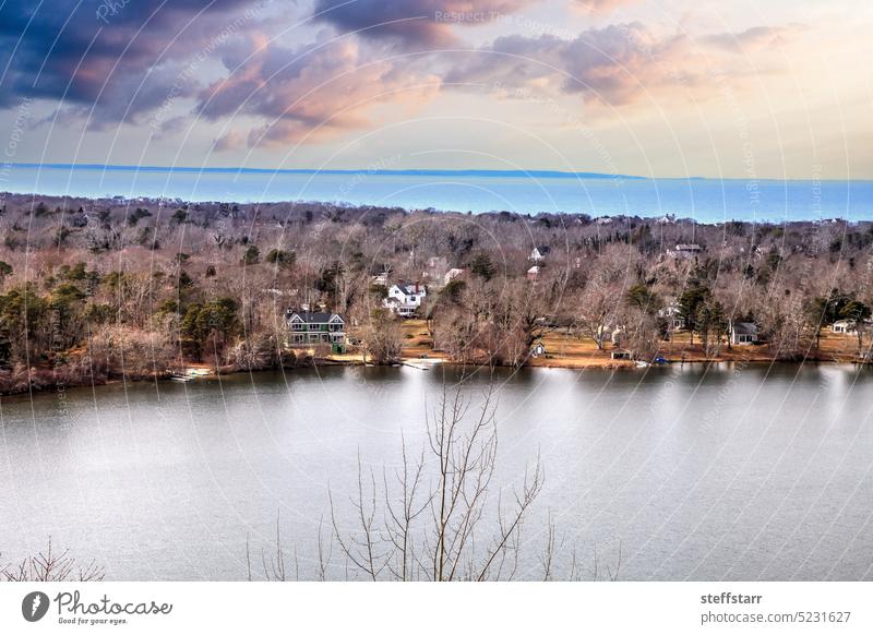 Skyline view of sunrise over Scargo lake and the ocean from the Scargo Tower in Dennis Scargo Lake Cape Cod skyline sunset ocean view landscape Dennis