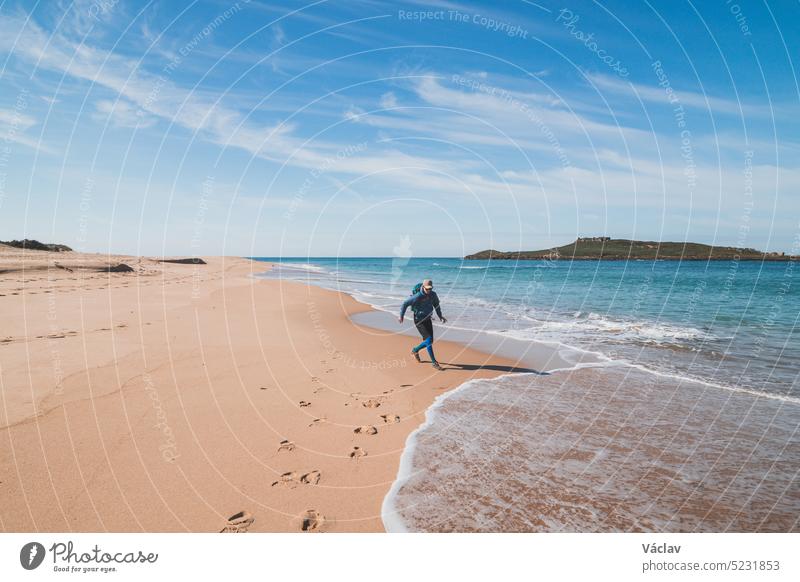 Young, passionate black-haired dobby runs from the waves of the Atlantic Ocean on a sandy beach near Porto Covo, Portugal. In the footsteps of Rota Vicentina