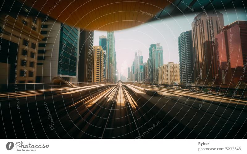 Dubai Metro In Dubai, United Arab Emirates. FPV POV At Fast Speed Drive Motion. Tunnel. driverless metro in blurred motion. futuristic city skyline in UAE