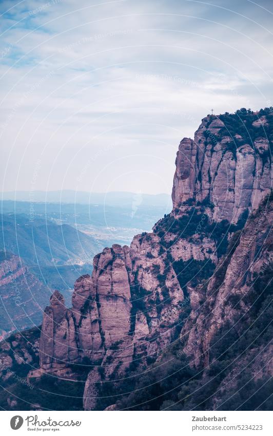 Rocks of Montserrat mountain, view to the wide plain, soft cloudy sky Plain Sky curt picturesque Steep Holy Sedimentary rock Landscape Panorama (View) Tourism