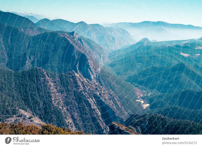 Mountain ranges of the Pre-Pyrenees in Catalonia, ridges, fog and valley mountain Valley Fog outlook panorama far wide pretty Nature Sky Landscape Hiking Rock