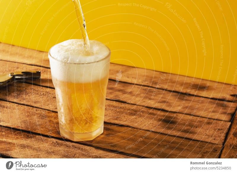 Top view Beer glass, bottle beer on a wooden background, selective focus. amber carbonated space booze top view drunk summer closeup freshness barrel brewed