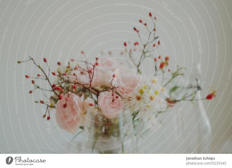 Bouquet behind glasses Pink Red Yellow pastel flowers Glasses White Subdued colour pretty Spring Decoration Flower Floral Delicate Blossom background Bottle