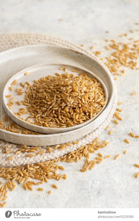 Plates of raw dry rye grain on white table close up. Healthy alternative low gluten diet plate Winter Rye copy space dried food healthy ingredient natural