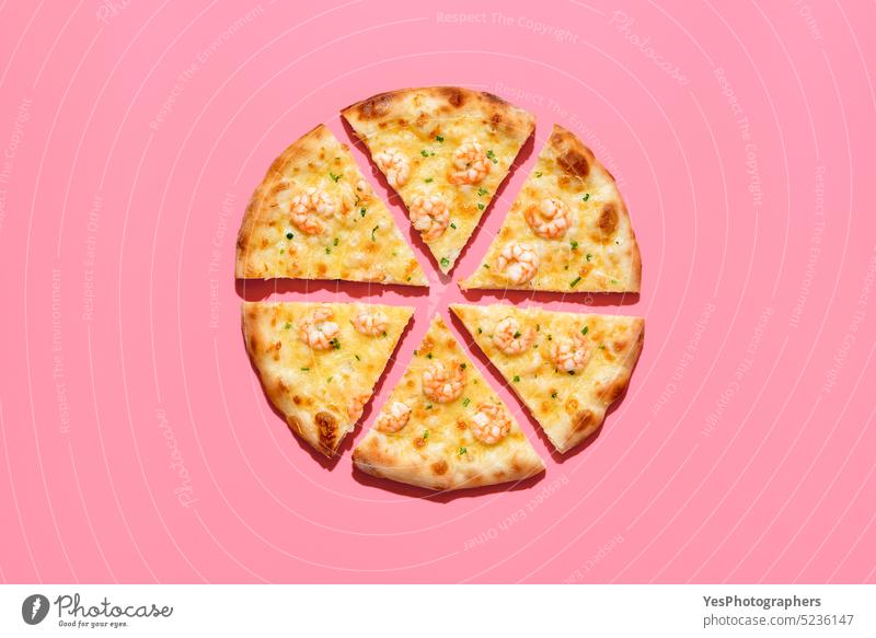 Slice pizza with shrimp, above view on a pink background baked bright cheese color copy space crust cuisine delicious design diet dinner dish eating fast food