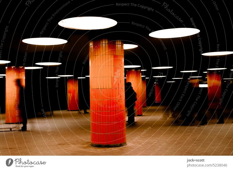 In the underground an underpass from the 70s Architecture Column Tile Orange Lanes & trails Underground Underpass Lighting Subsoil Passage Design Tunnel Berlin