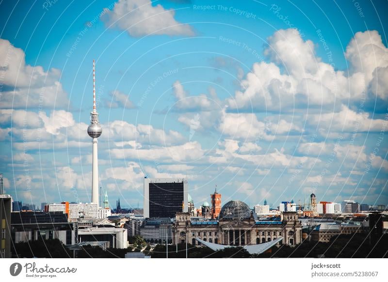 Cloudy with brightenings in Berlin Berlin TV Tower Reichstag Landmark Sky Downtown Berlin City Germany Blue sky Sunlight sunny postcard motif Capital city