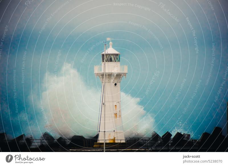 Lighthouse as breakwater coast wave Wave break Dawn Waves New South Wales Force of nature Nature Australia Sky Wind Blue Tasman Sea Historic World Heritage