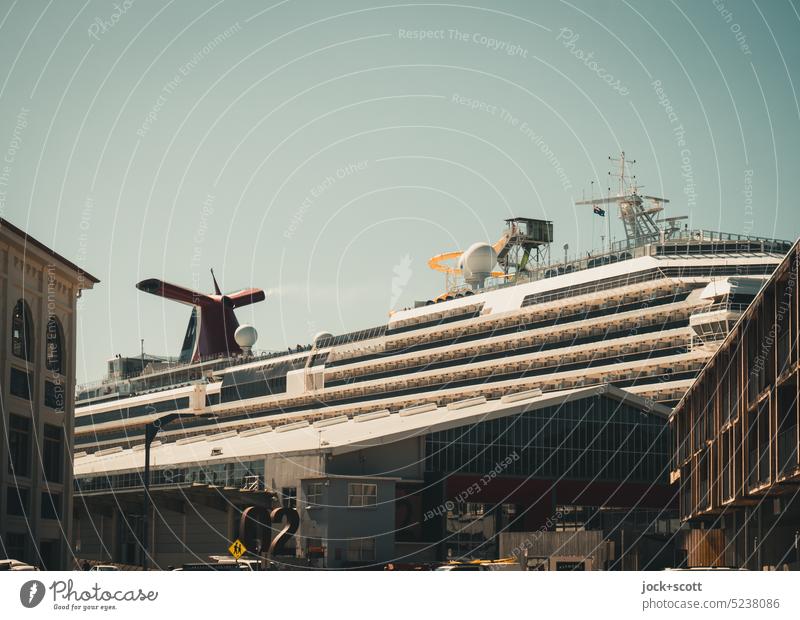 Cruise ship at anchor in focus Cruise liner Harbour Vacation & Travel Tourism Passenger ship Cloudless sky Hobart Tasmania Australia Arrival Watercraft Hall