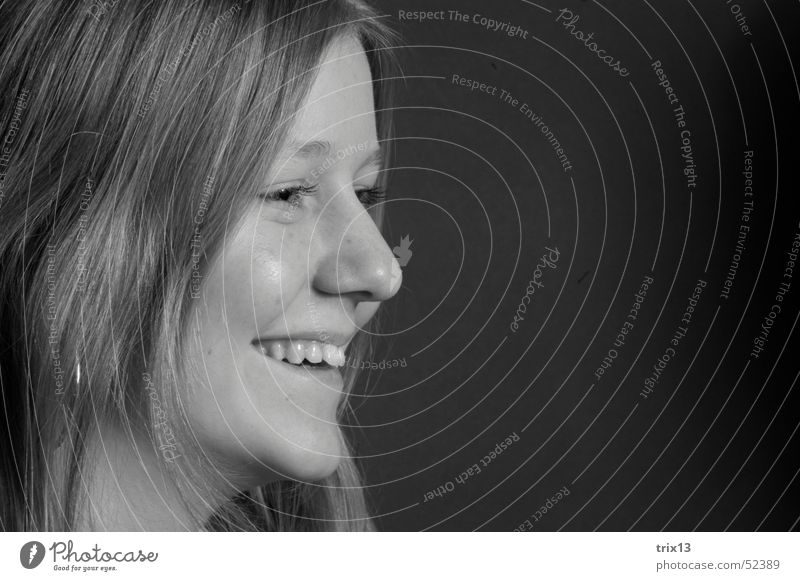 lucky Portrait photograph Woman Contentment Black & white photo Happy Side Head Face Hair and hairstyles Nose Eyes Mouth Detail Looking Laughter