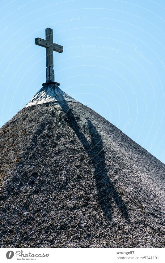 Christian cross on the roof of the Vitter Chapel Crucifix Vitter chapel Roof roof top Reet roof Church Religion and faith Belief Exterior shot Colour photo Day