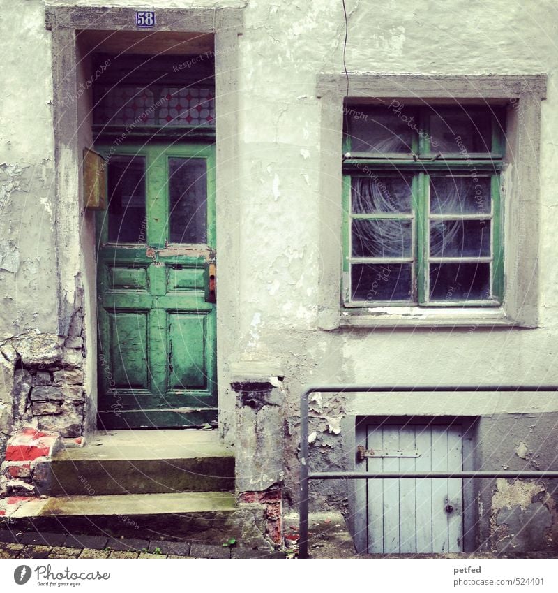 Domestic Views II House (Residential Structure) Wall (barrier) Wall (building) Stairs Facade Window Door House number Old Dirty Creepy Hideous Broken Green