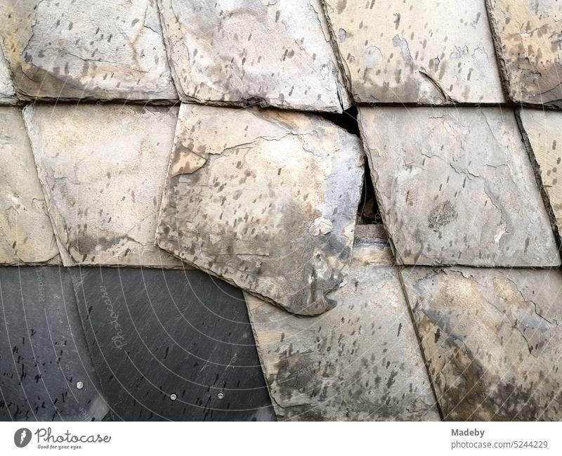 Beautiful old slate facade with falling out shingles of slate in beige and natural colors in the old town of Detmold on the Teutoburg Forest in East Westphalia Lippe