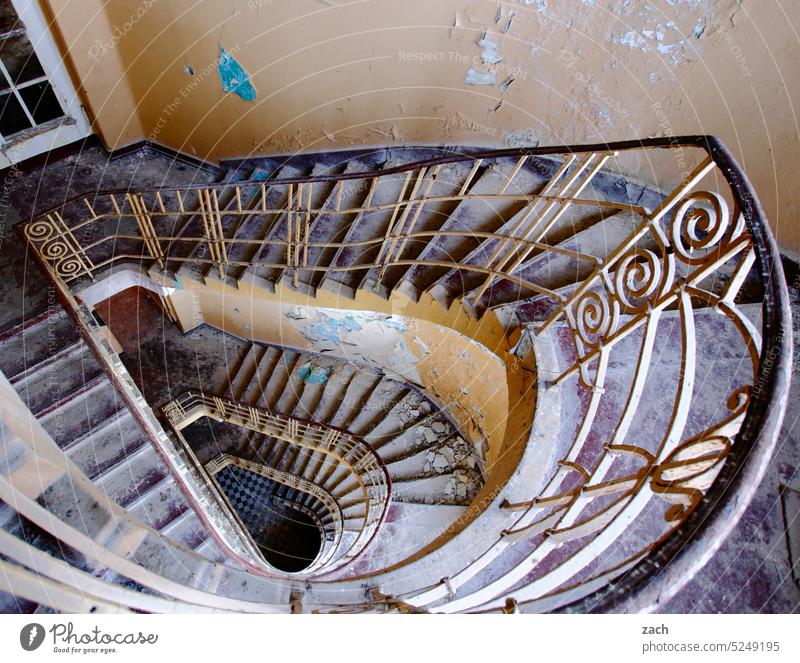 stairway to hell Building Architecture Old rail Stairs Transience Downward Rustic Derelict Putrefy Tall Ancient Empty stair treads Destruction Banister