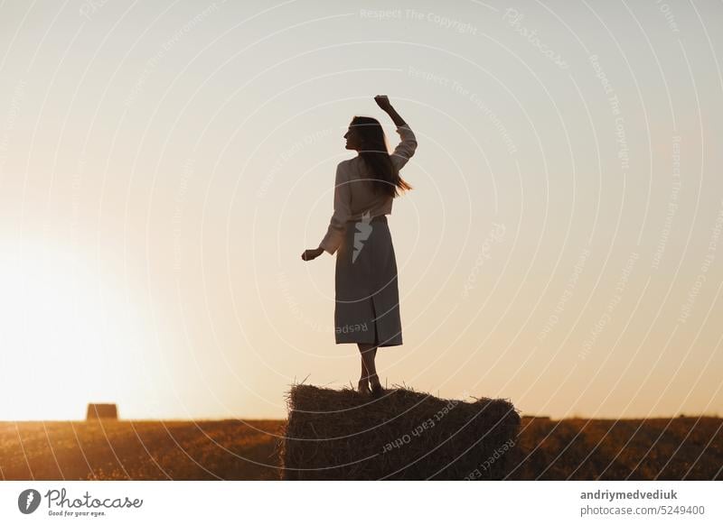 Young woman with long hair is standing and having fun on straw bale in field in summer on sunset. Female portrait in natural rural scene. Environmental eco tourism concept.