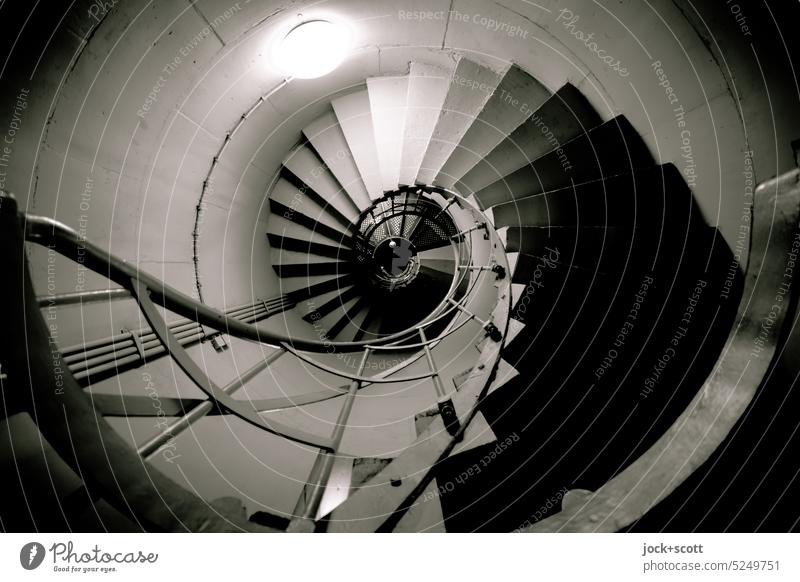 curved handrail of spiral staircase leads upwards Winding staircase Stairs Architecture Spiral Banister Upward Structures and shapes Monochrome Shadow