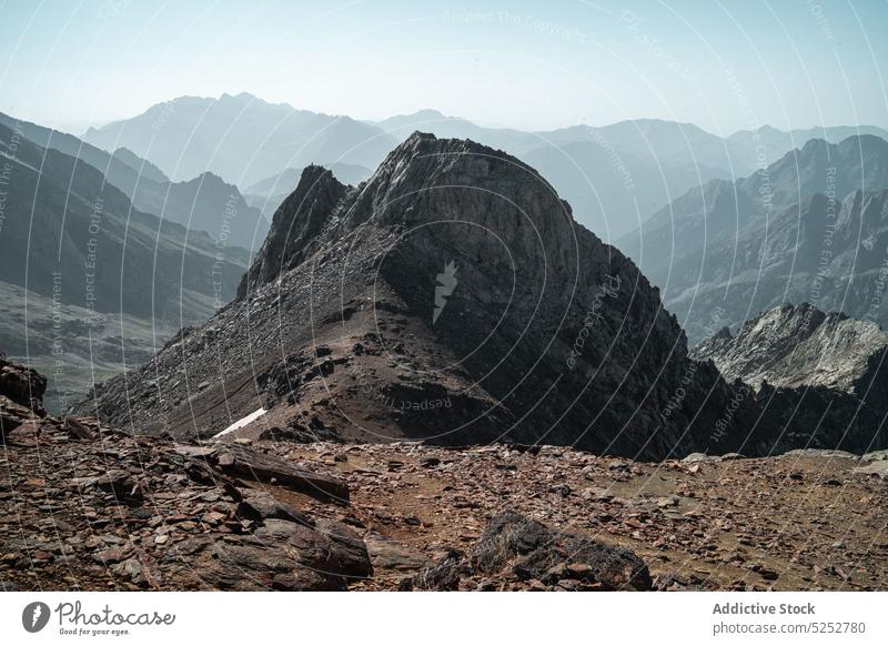 Rocky volcanic mountains with steep slopes in sunlight range landscape highland breathtaking nature ridge valley ash scenery observe view geology spectacular