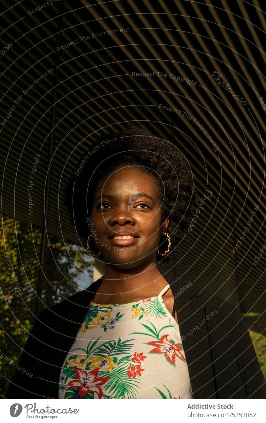 Smiling African American female near building woman smile positive style afro accessory roof urban modern hairstyle cheerful young black ethnic african american