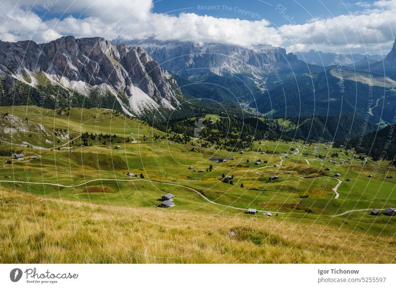 Hiking path and epic landscape of Seceda peak in Dolomites Alps, Odle mountain range, South Tyrol, Italy, Europe alps dolomites italy europe odle seceda tyrol