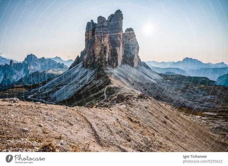 Summer sunrise at Tre Cime di Lavaredo in the Dolomites national park, Italy summer dolomites italy cime tre landscape mountain nature peak rock scenery travel