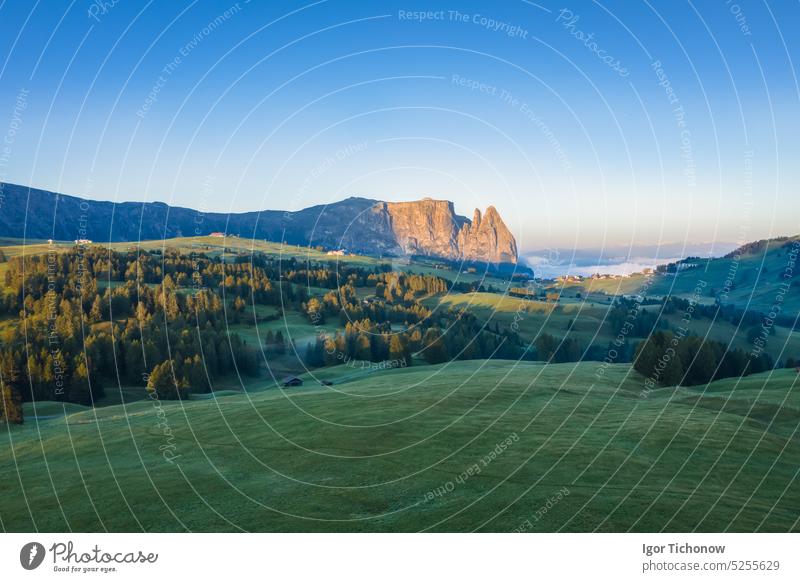 Alpe di Siusi or Seiser Alm, mountain path and Sciliar or Schlern mountain in sunrise light. Dolomites Alps, Trentino Alto Adige South Tyrol, Italy, Europe