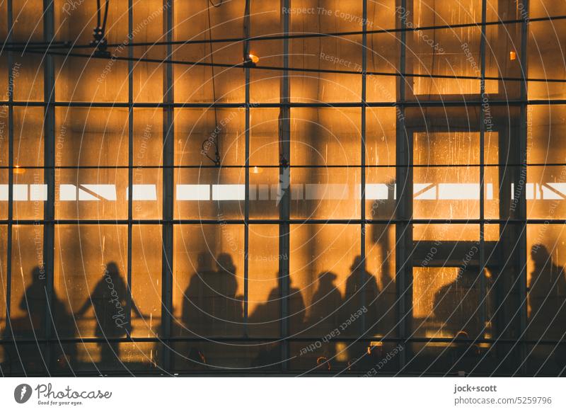 is the train coming? Alexanderplatz station in the evening light Train station Glas facade Structures and shapes Silhouette Downtown Berlin Back-light Warmth