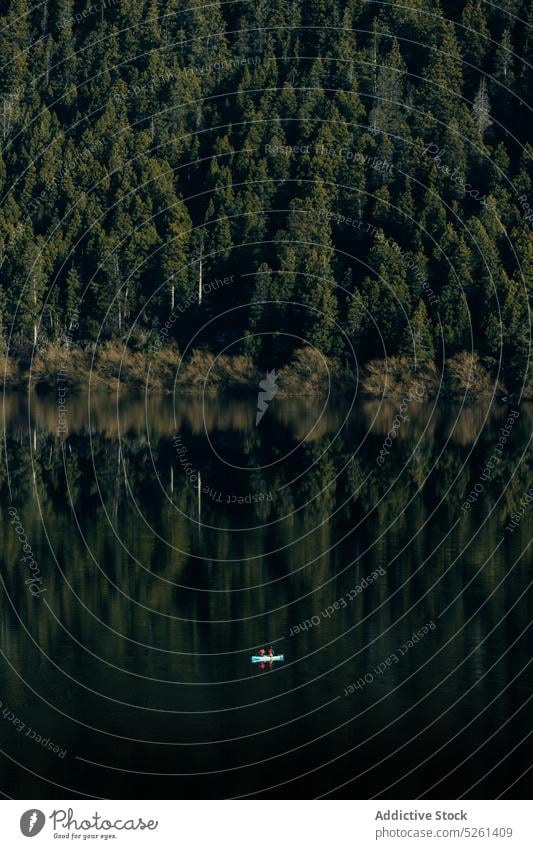 Lonely boat floating on river near forest woods picturesque nature landscape scenic peaceful lake tourist green calm tranquil idyllic water scenery tree