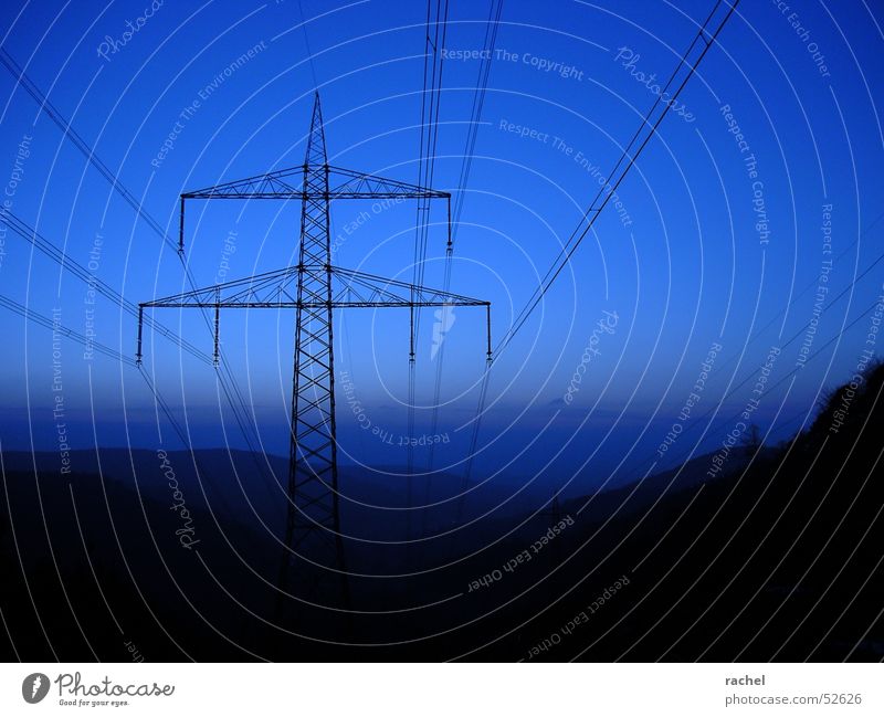 Blue hour Twilight Horizon Clouds Hill Electricity pylon Country road Calm Moody Longing Dream Dark Set Loneliness Breathe Harmonious Relaxation Events Steel