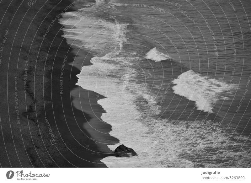 Spray on black beach in Iceland Beach coast Sand Ocean Water White crest Waves Surf Sandy beach Elements Nature Contrast Black & white photo