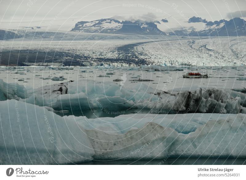 Boat trip in Joekulsarlon glacier lagoon Iceberg Icebergs Glacial melt Glacier ice Ice formations Climate change Blue White Gray freezing cold icy cold icily