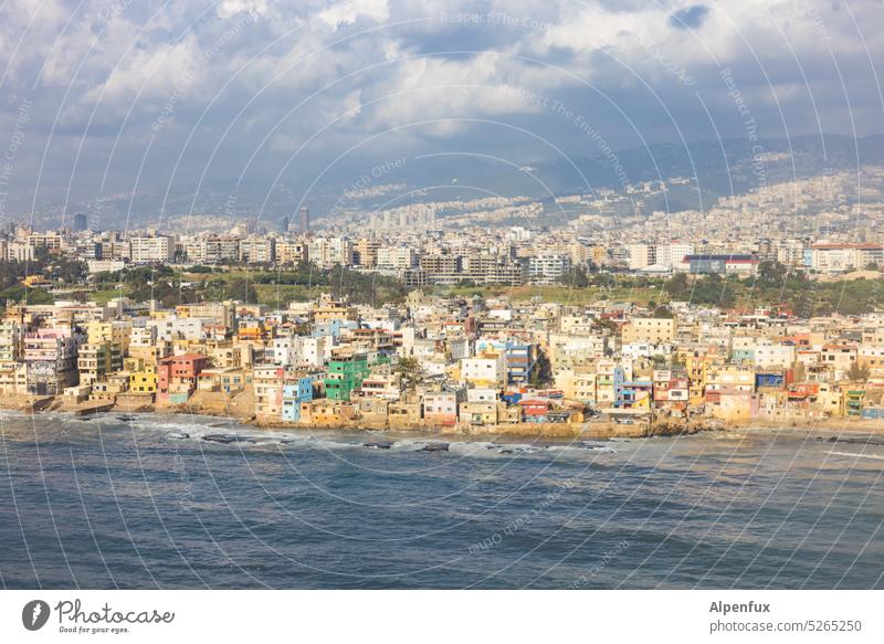 Colorful Beirut Town Ocean coast Quarter Architecture Exterior shot Old town Waves Tourism Vacation & Travel Port City City trip Colour photo mountain Day