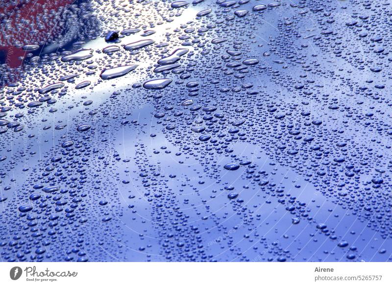 Traces | of a rain shower Drop Car Hood Rain Drops of water Car paint Wet Water Reflection Glittering Blue Smoothness Parking Sunlight water pearls sparkle